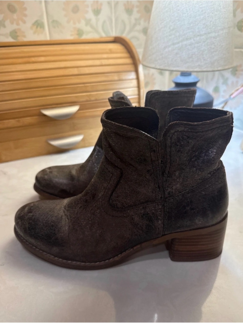 Women's Distressed Brown Suede Ankle Booties with Stacked Heel